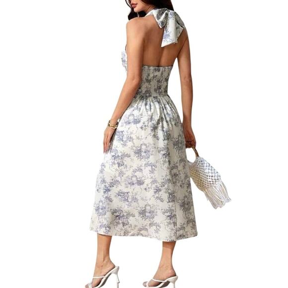 French Porcelain Print VTG Style Blue White Toile De Jouy Halter Dress Sz L - Picture 4 of 10